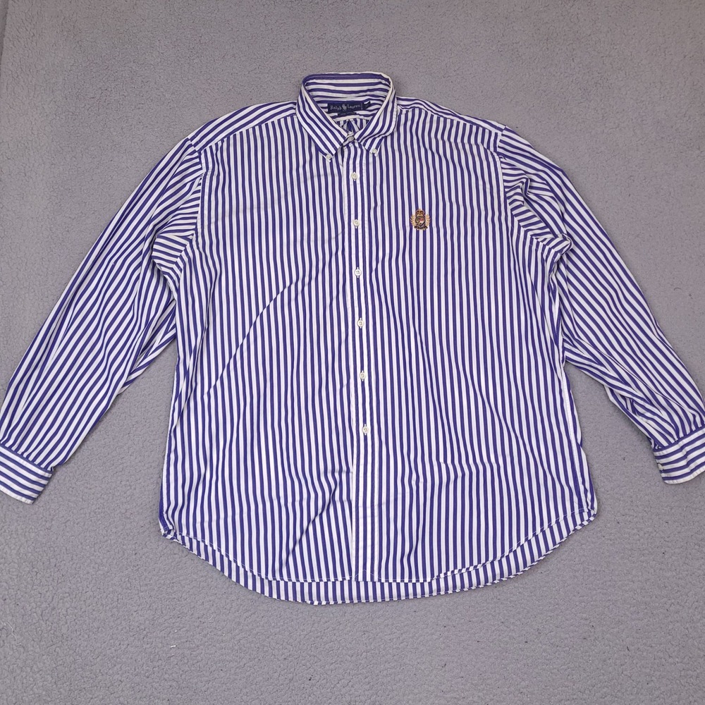 Vintage Ralph Lauren Polo Crest Shirt Mens XL Blue White Striped Oversized *Read
